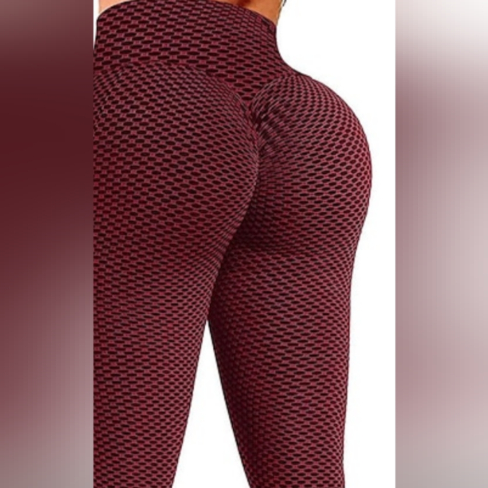 Butt Leggings Black and Burgundy Buttlift Waffle Pattern Athletic Pants